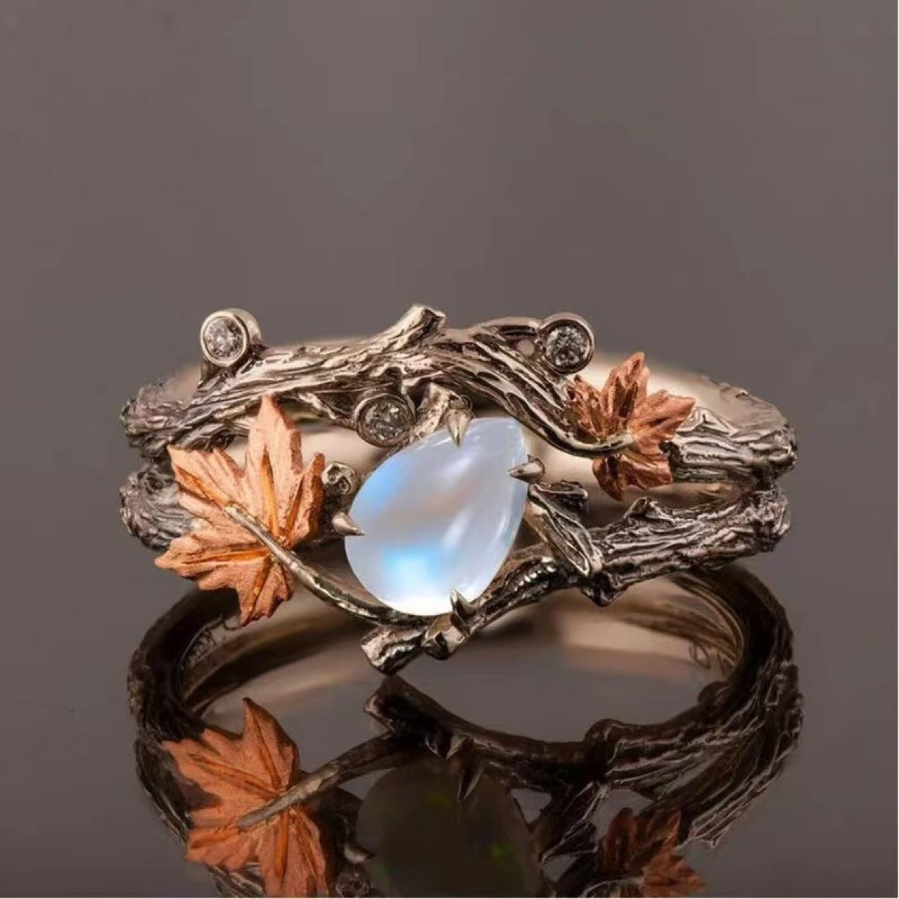 Female Creative Retro Silver Branch Maple Leaf Ring